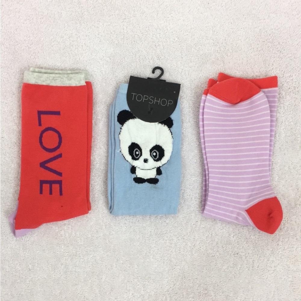 NWT New Topshop Women's Fuzzy Panda Love Pink Stripes Set of 3 Socks One Size